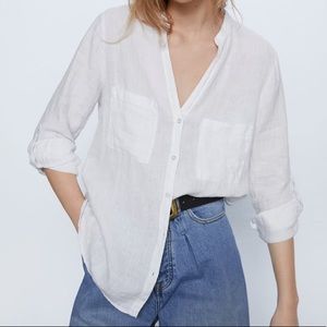 Zara White Pocket Linen Blouse